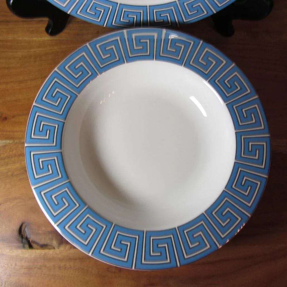Jonathan Adler silver & blue greek key bowls- pair of 2 (W5106)